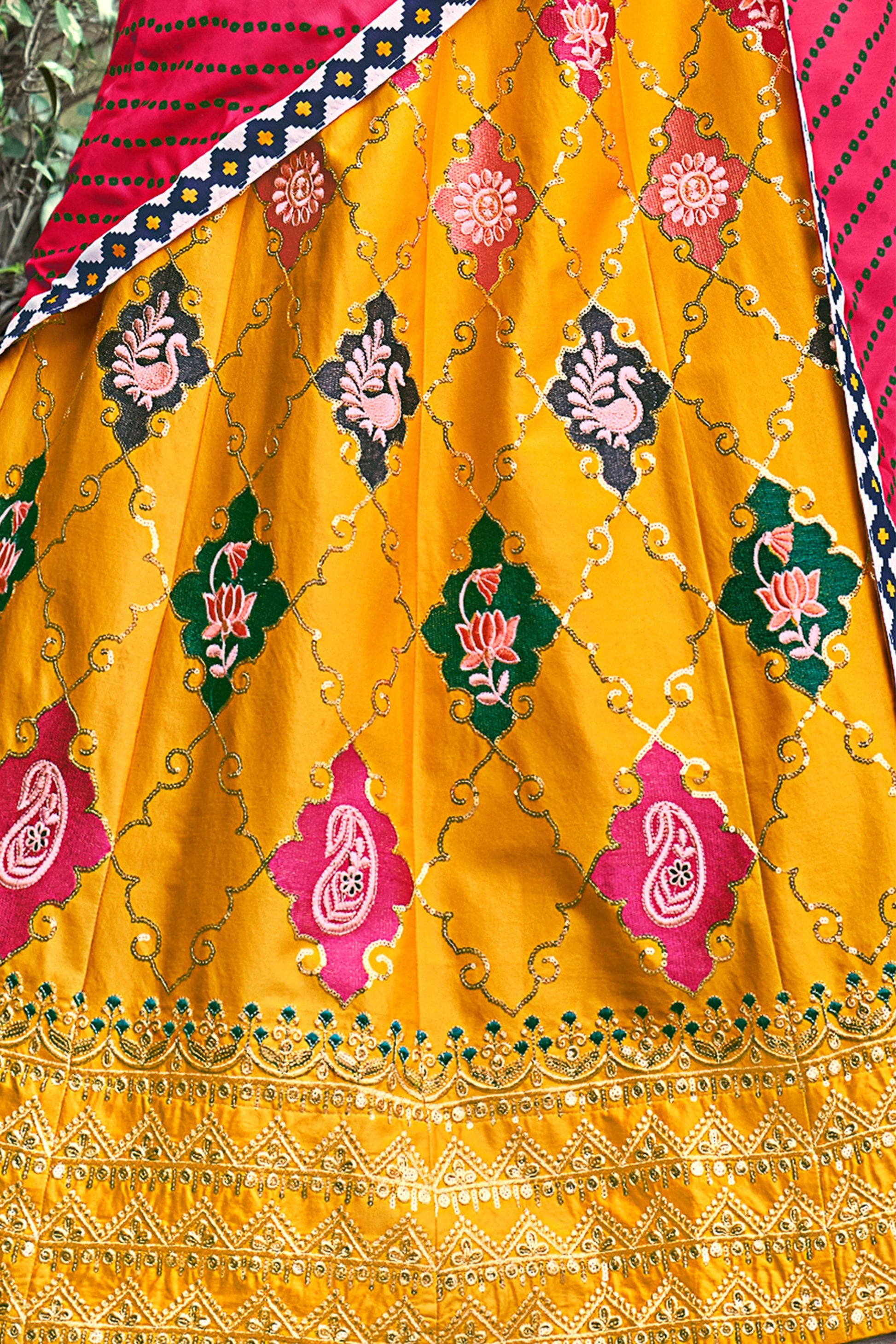 Yellow Silk Lehenga Choli For Indian Festivals & Weddings - Sequence Embroidery Work, Thread Work, Print Work