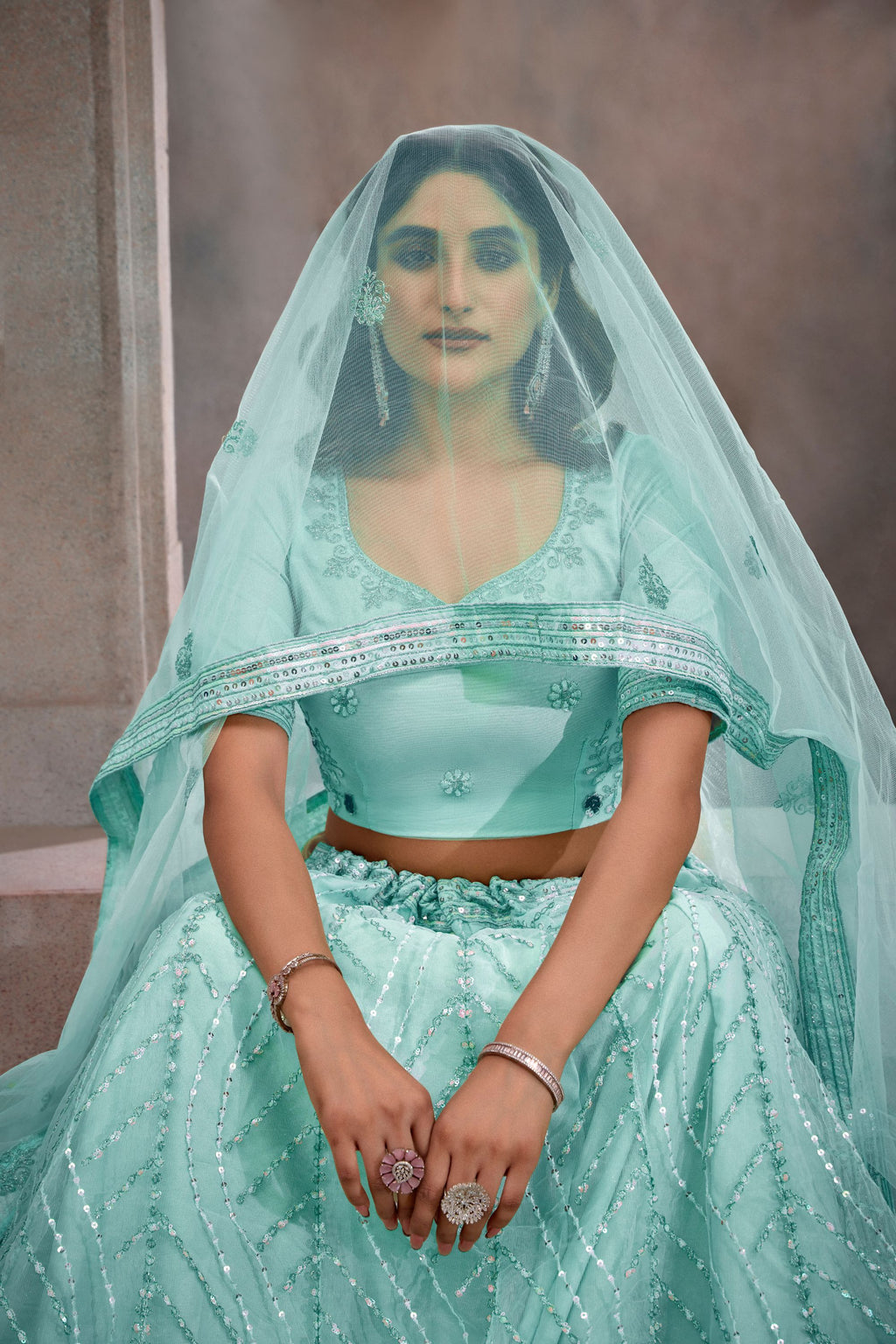 Cyan Net Lehenga Choli For Indian Festival & Weddings - Thread Embroidery Work, Sequence Embroidery Work