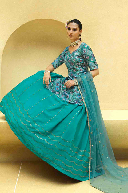 Teal Pakistani Chinon Lehenga Choli For Indian Festivals & Weddings - Print Work, Sequence Embroidery Work, Foil Mirror Work,