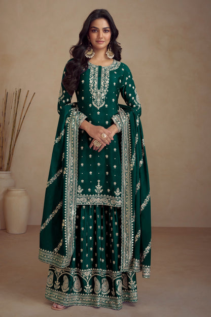 Green Chinon Silk Palazzo Suit For Indian Weddings & Pakitani Festival - Embroidery Work