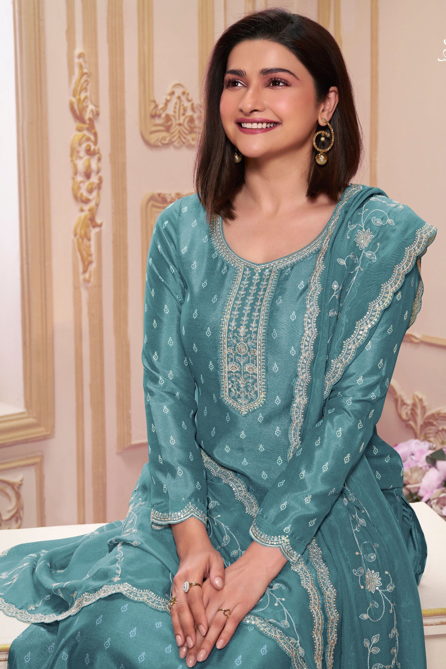 Light Teal Georgette Silk Kameez with Pant For Indian Suit Festivals & Pakistani Weddings - Embroidery