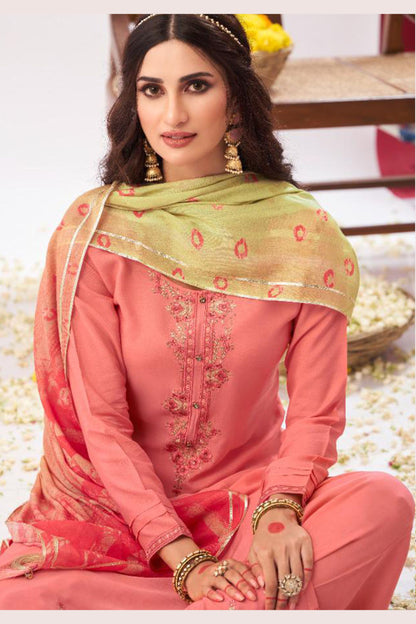 Peach Viscose Muslin Silk Plus Size Upto 9XL Size Kameez with Pant For Indian Suit Festivals & Pakistani Weddings - Embroidery Work