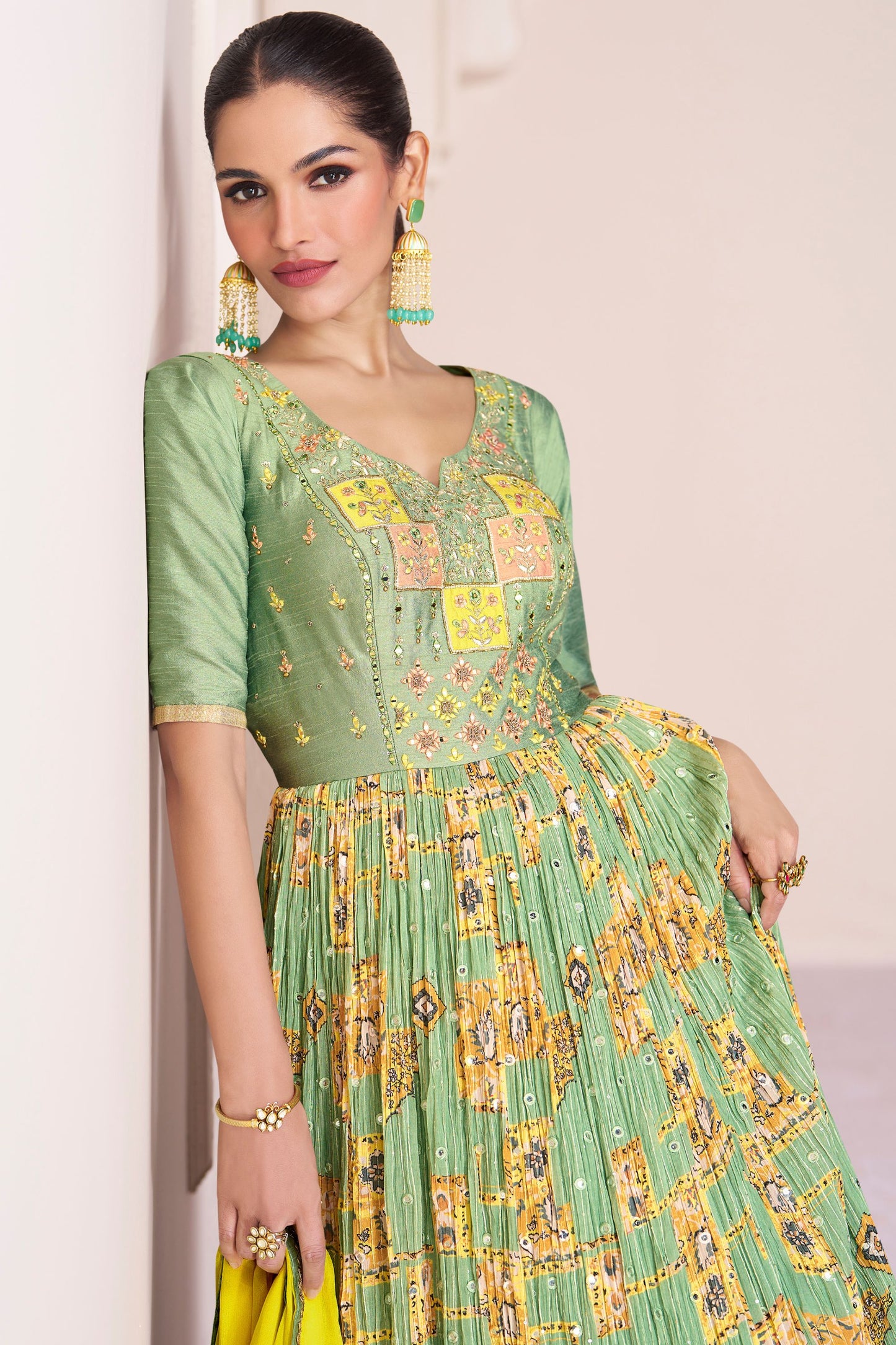 Light Green Georgette & Chinon Silk Anarkali Gown For Indian Festivals & Pakistani Weddings Dress - Embroidery Work, Print Work