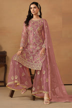 Pink Net Sharara Suit Dress For Indian Festivals & Weddings - Thread & Sequence Embroidery Work