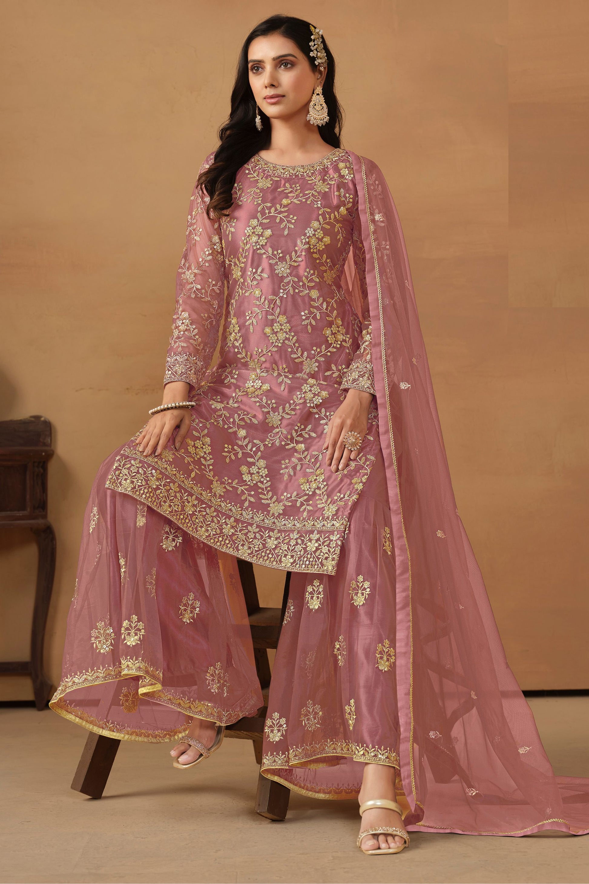 Pink Net Sharara Suit Dress For Indian Festivals & Weddings - Thread & Sequence Embroidery Work