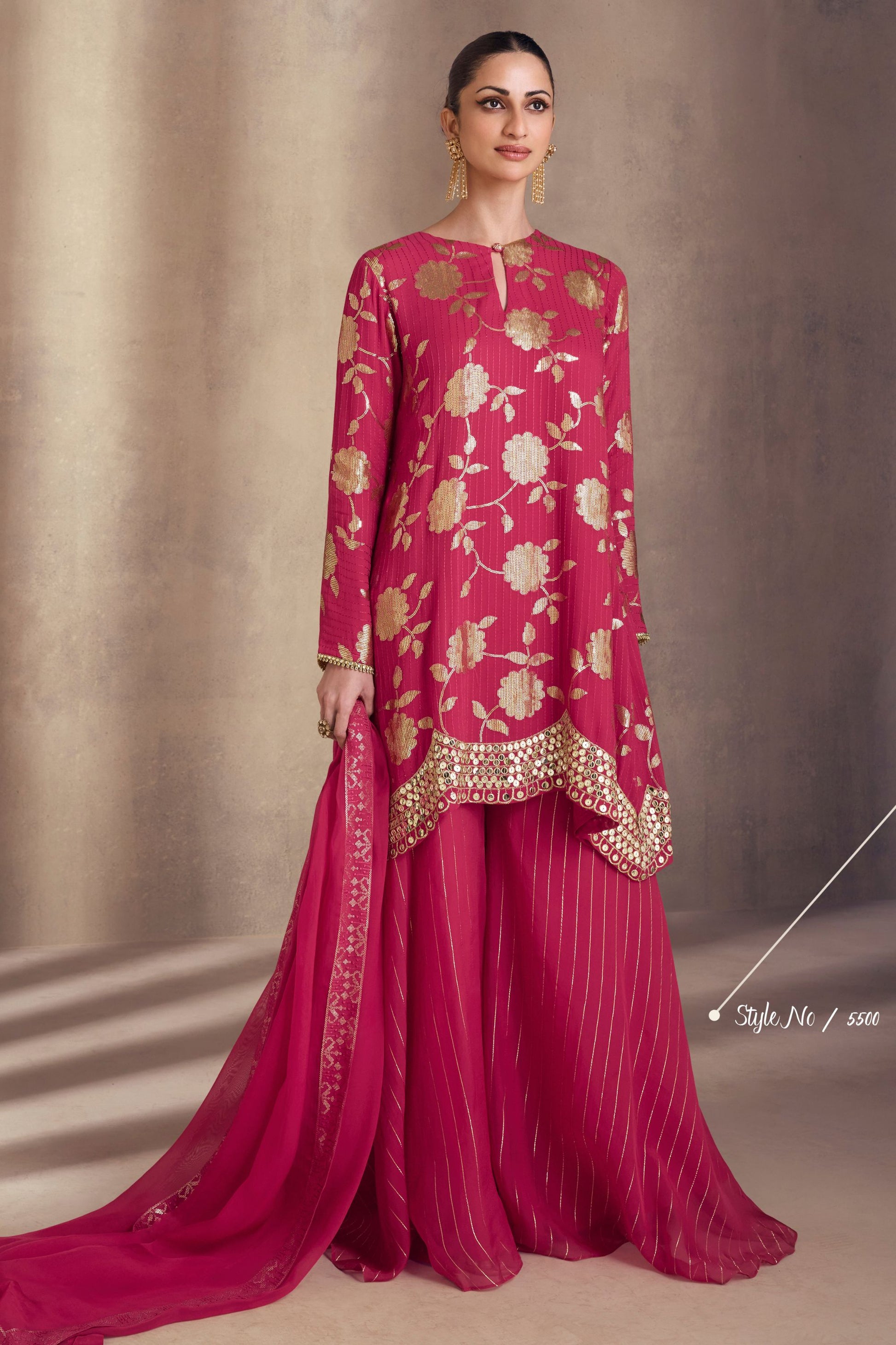 Rani Pink Georgette Plazo With Kameez For Indian Festivals & Pakistani Weddings - Embroidery Work