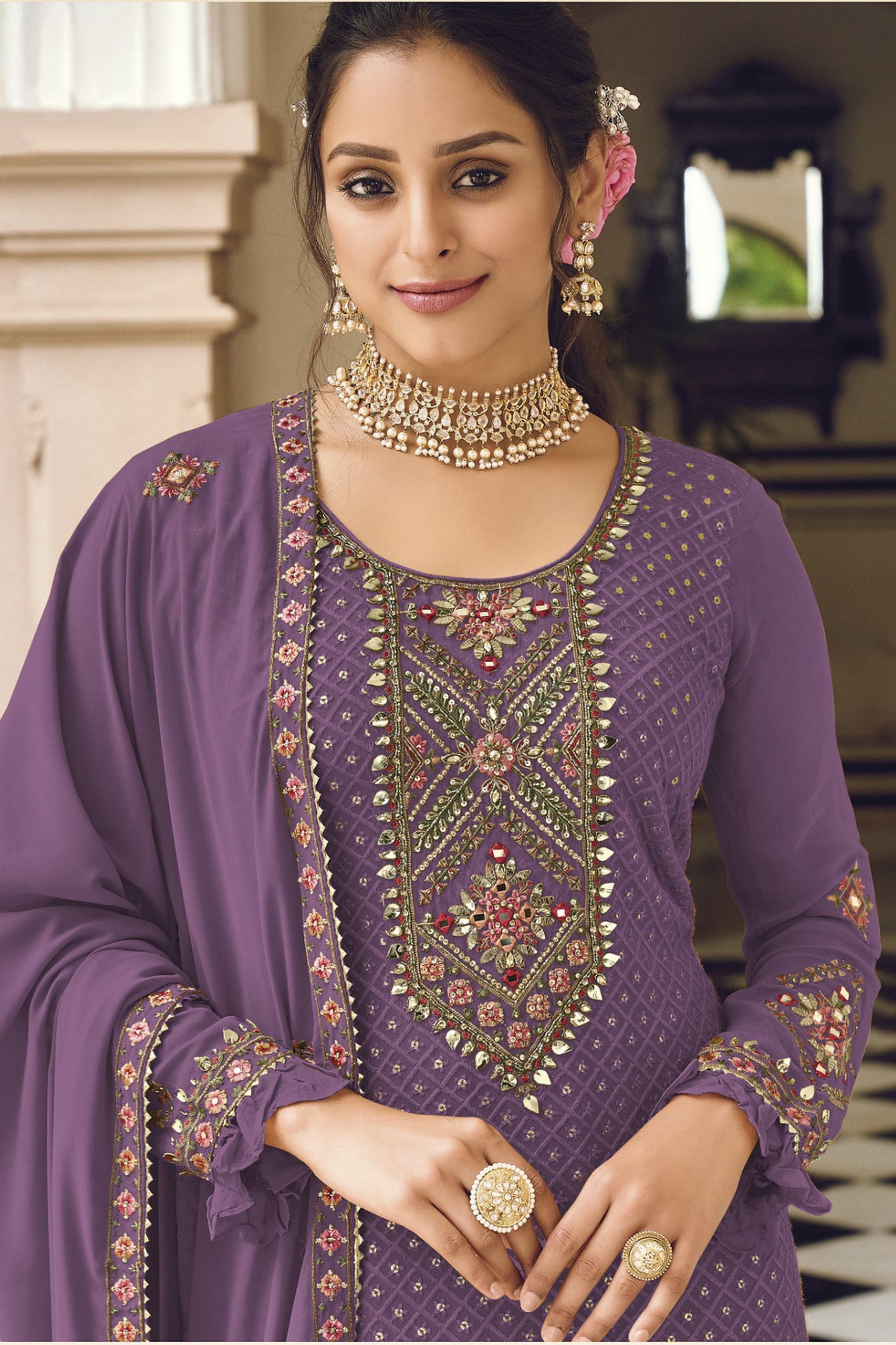 Purple Georgette Kameez with Pant For Indian Suit Festivals & Pakistani Weddings - Embroidery Work