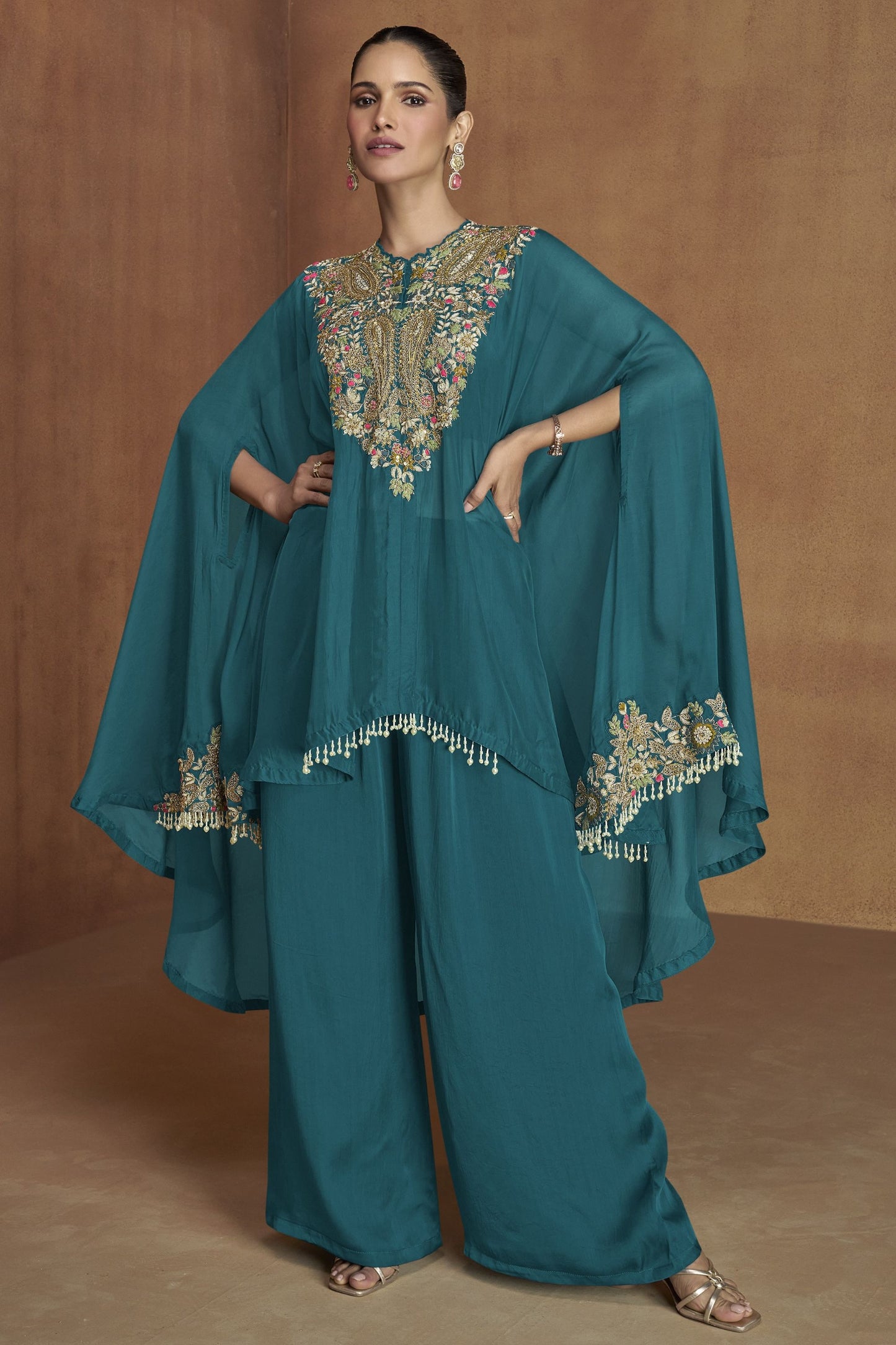 Teal Silk Kaftan Plazo Suit For Indian Weddings & Pakitani Festival - Embroidery Work