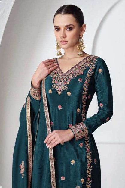 Teal Chinon Silk Palazzo Suit Dress For Indian Weddings & Pakitani Festival - Embroidery Work