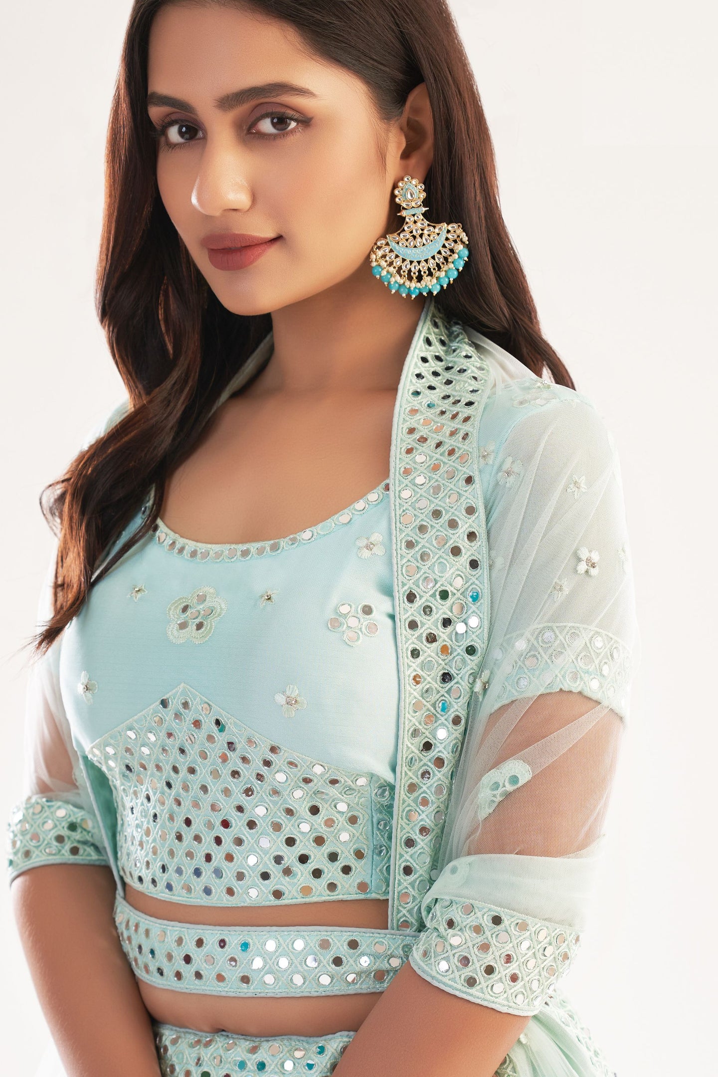 Light Pista Net Lehenga Choli For Indian Festivals & Weddings - Thread Embroidery Work, Mirror Work, Zari Work, Zarkan Work