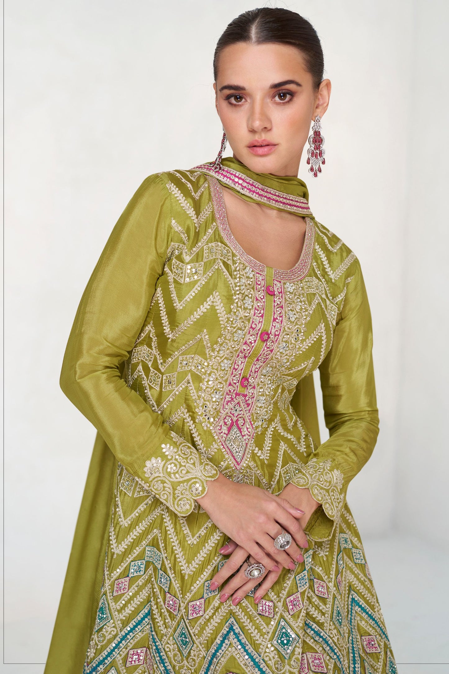 Mehndi Green Chinon Silk Plazo Suit For Wedding & Festival - Embroidery Work