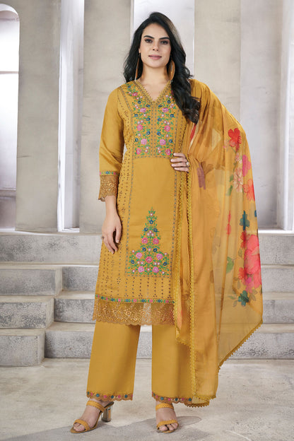 Mustard Viscose Silk Kameez with Pant Suit For Indian Festivals & Pakistani Weddings - Embroidery Work. Print Work