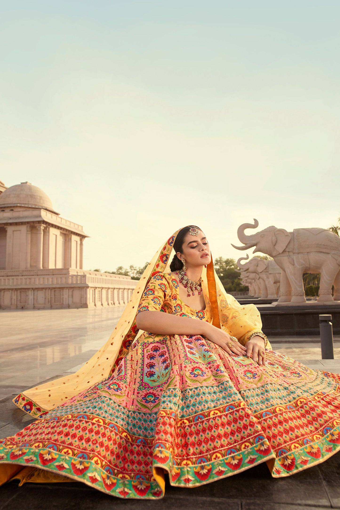 Yellow Art Silk Lehenga Choli For Indian Weddings & Festivals - Thread Work, Print Work, Diamond Work