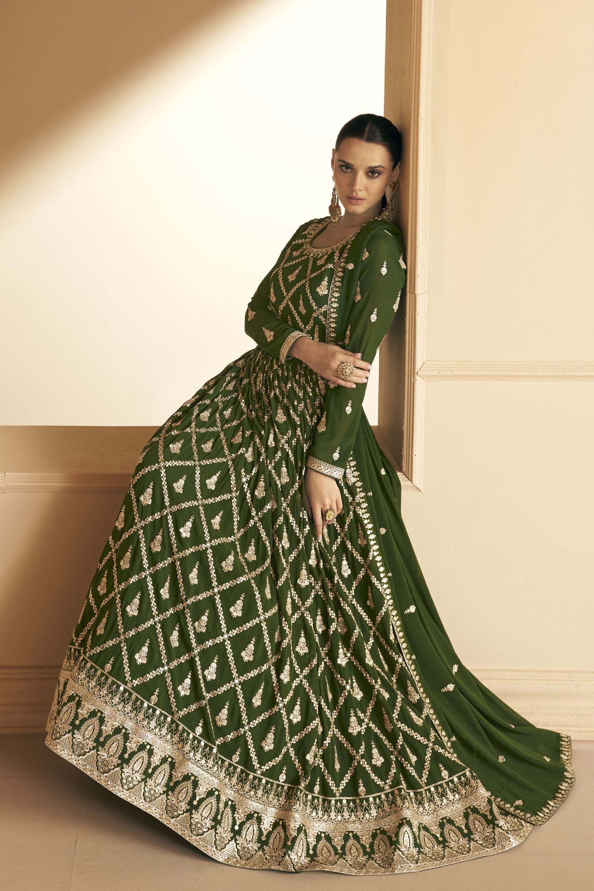 Green Pakistani Georgette Anarkali Gown For Indian Festivals & Weddings - Thread Embroidery Work,