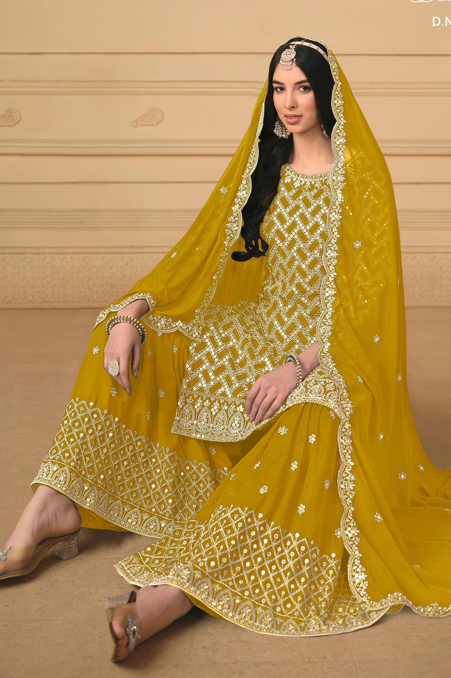 Golden Georgette Sharara Suit Dress For Indian Festivals & Weddings - Embroidery Work