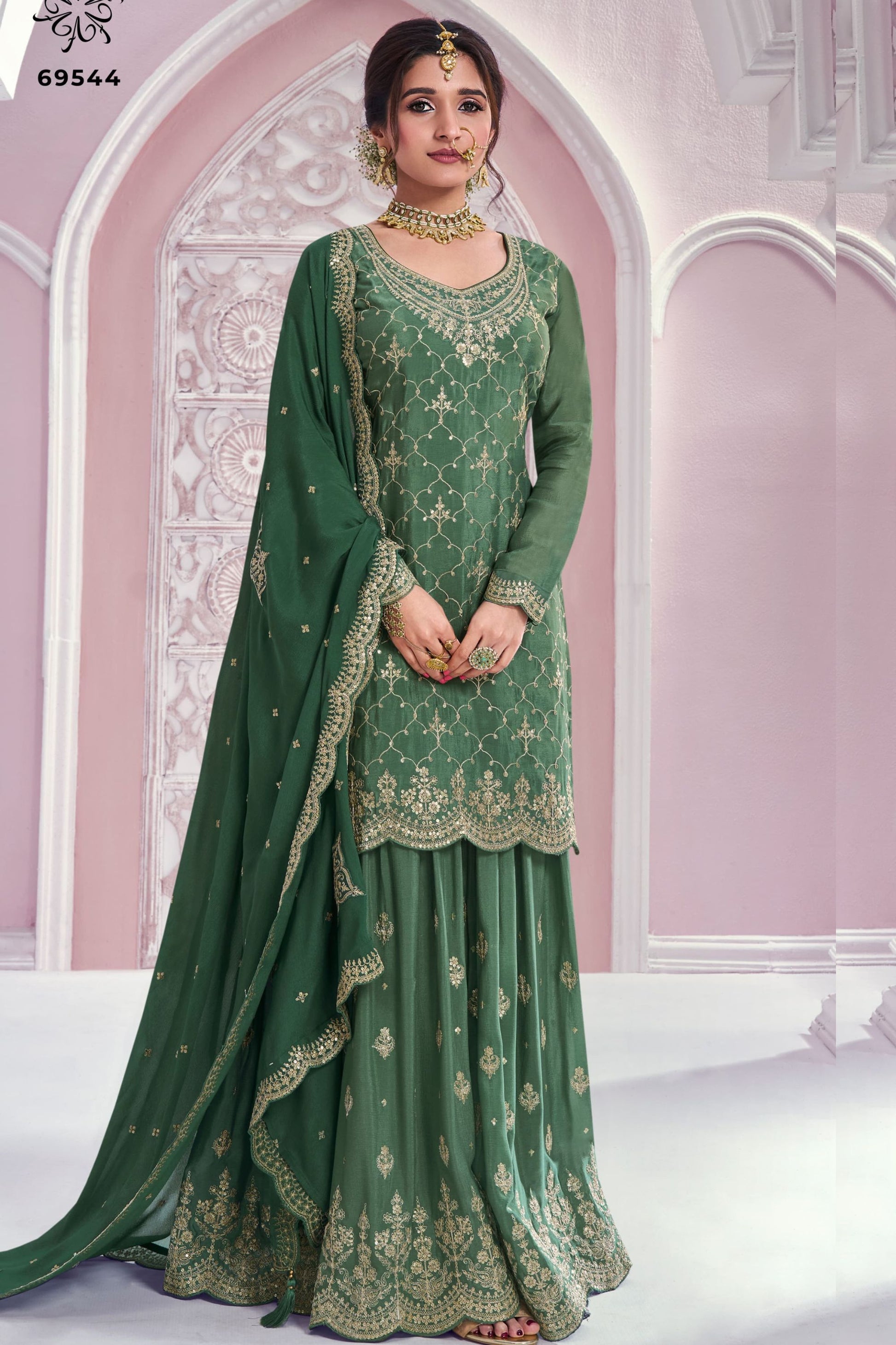 Green Chinon Silk Palazzo Suit For Indian Festivals & Pakistani Plazo Weddings Dress - Embroidery Work