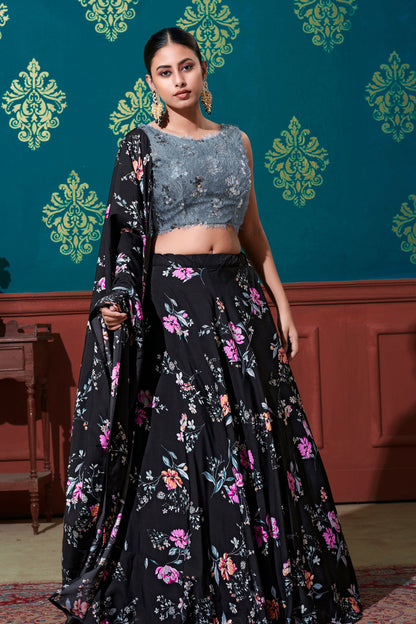 Black Pakistani Silk Lehenga Choli For Indian Festivals & Weddings - Print Work, Sequence Embroidery Work,