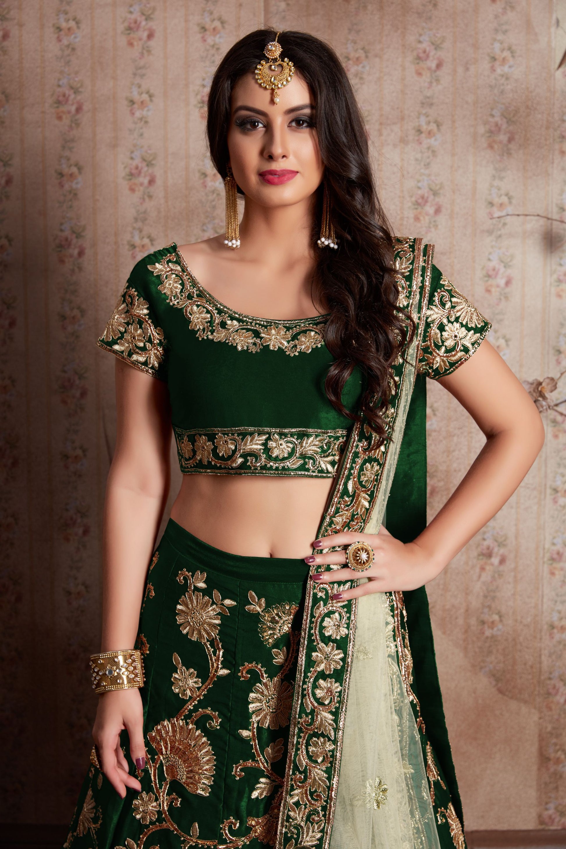 Green Velvet Silk Lehenga Choli For Indian Festival & Weddings - Sequence Embroidery Work, Lace Work, Zari Work