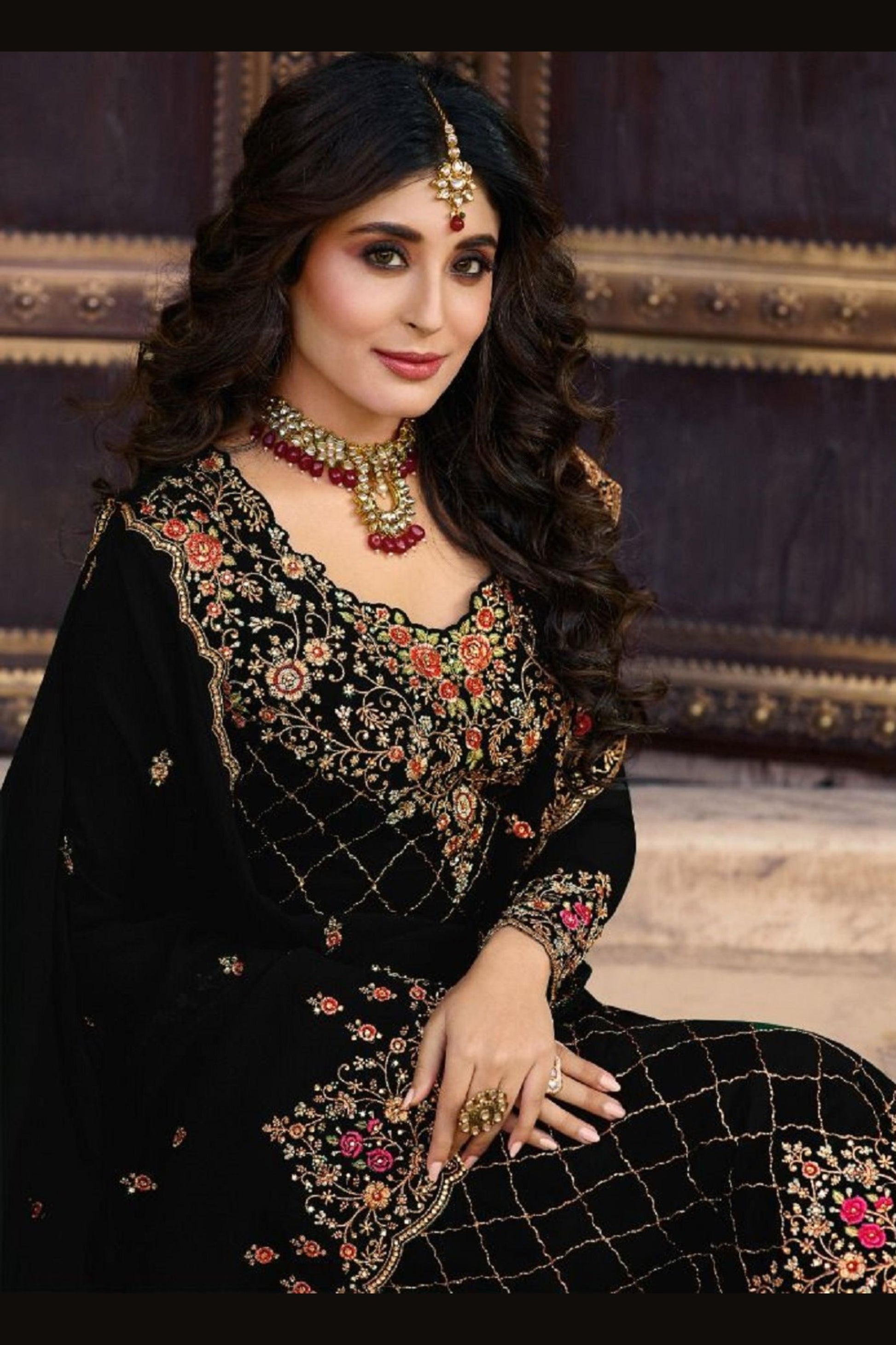 Black Georgette Kameez with Pant For Indian Suit Festivals & Pakistani Weddings - Embroidery Work, Stone Work