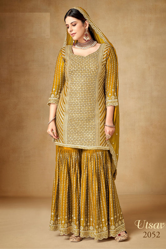 Mustard Chinon Silk Sharara Suits Dress for Indian Festival & Pakistani Wedding - Sequence Embroidery Work, Zari Work