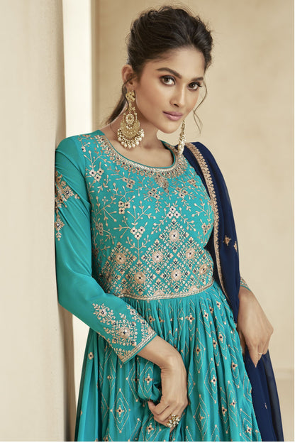 Teal Pakistani Georgette Salwar Kameez For Indian Festivals & Weddings - Thread Embroidery Work