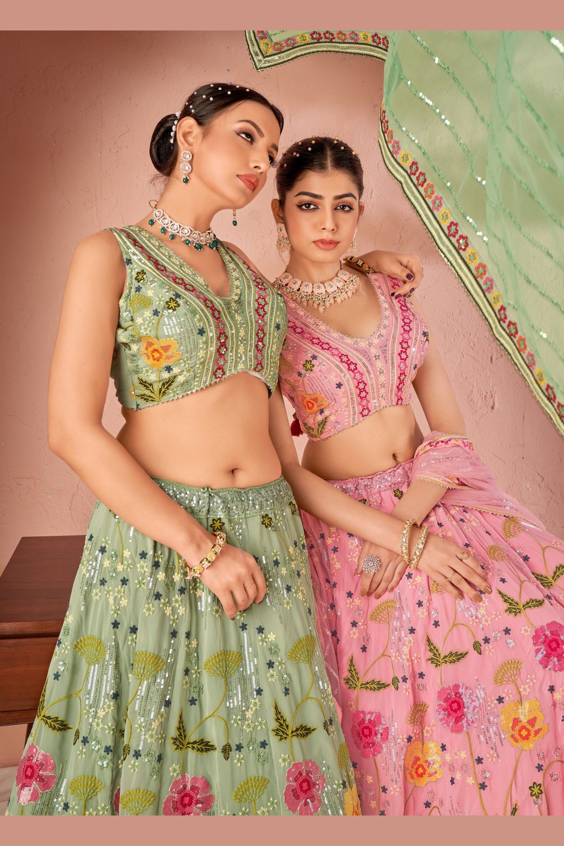 Pista Green Georgette Lehenga Choli For Indian Festivals & Weddings - Thread Embroidery Work, Sequence Embroidery Work