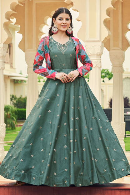 Teal Pakistani Cotton Anarkali Suit For Indian Festivals & Weddings - Thread Work, Sequence Embroidery Work,