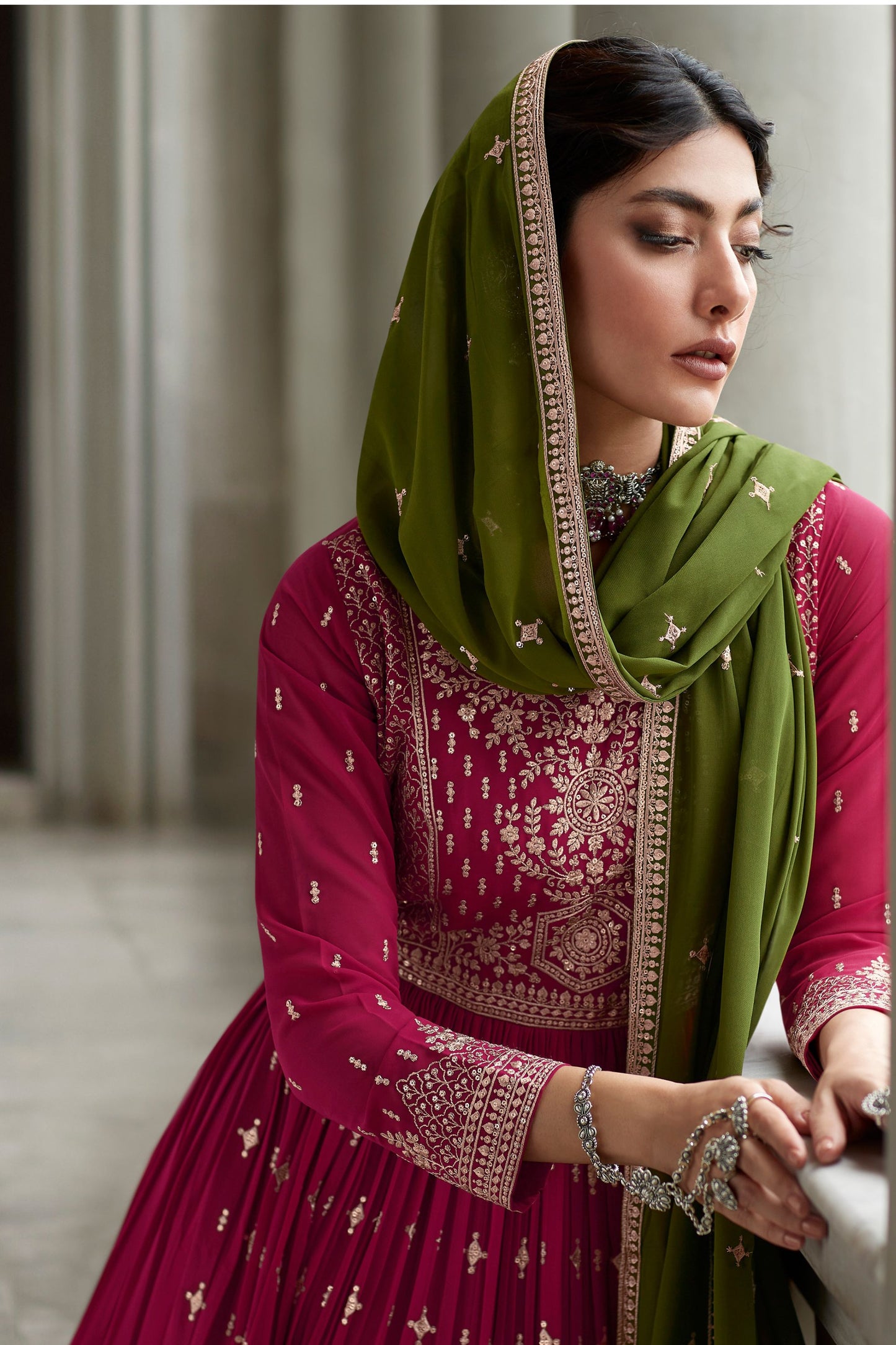 Pink Pakistani Georgette Kameez with Skirt For Indian Festivals & Weddings - Thread Embroidery Work,