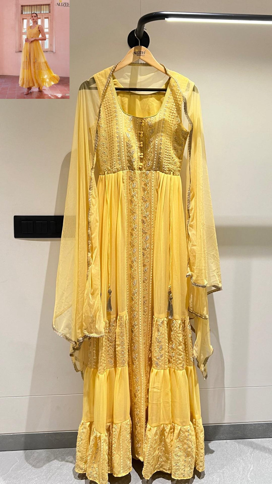 Yellow Georgette Long Anarkali with Front Slit and Pant For Indian Festivals & Weddings - Thread & Sequence Embroidery Work, Zari Work