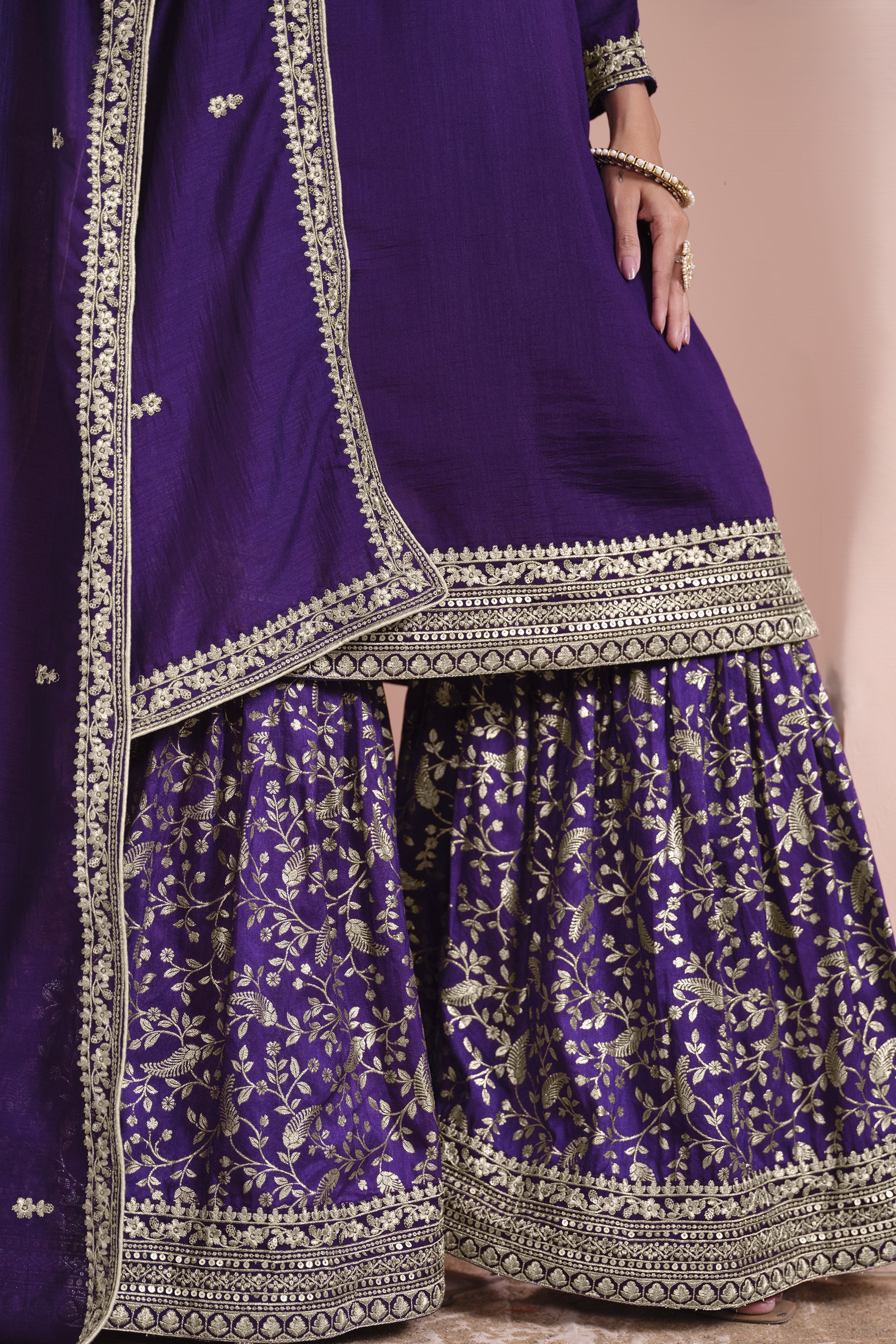 Dark Purple Art Silk Palazzo Suit For Indian Wedding & Pakistani Festival - Embroidery Work