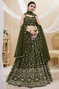 Olive Green Georgette Lehenga Choli For Indian & Pakistani Wedding Festival - Sequins & Thread Embroidery Work, Zari Work