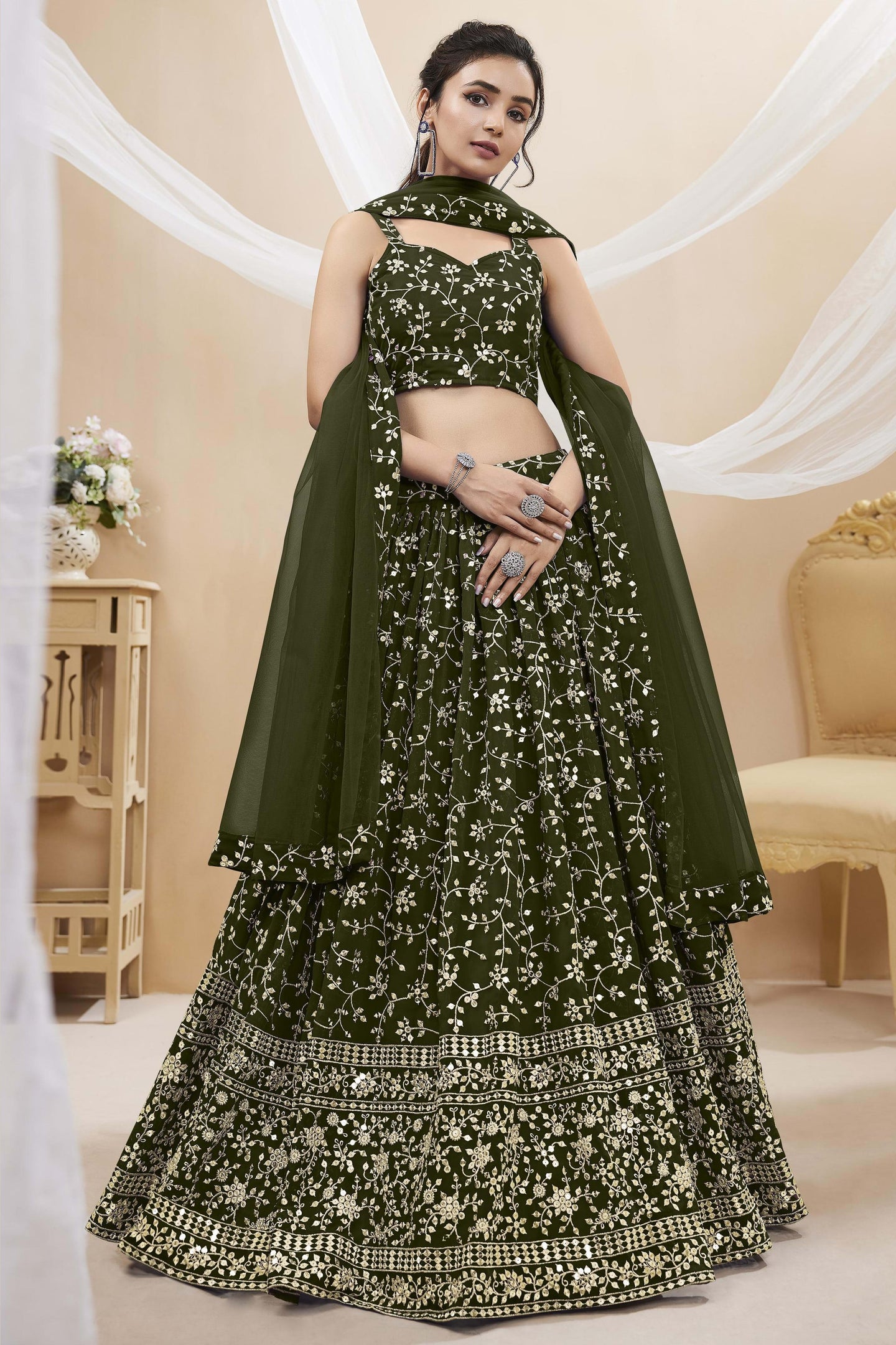 Olive Green Georgette Lehenga Choli For Indian & Pakistani Wedding Festival - Sequins & Thread Embroidery Work, Zari Work