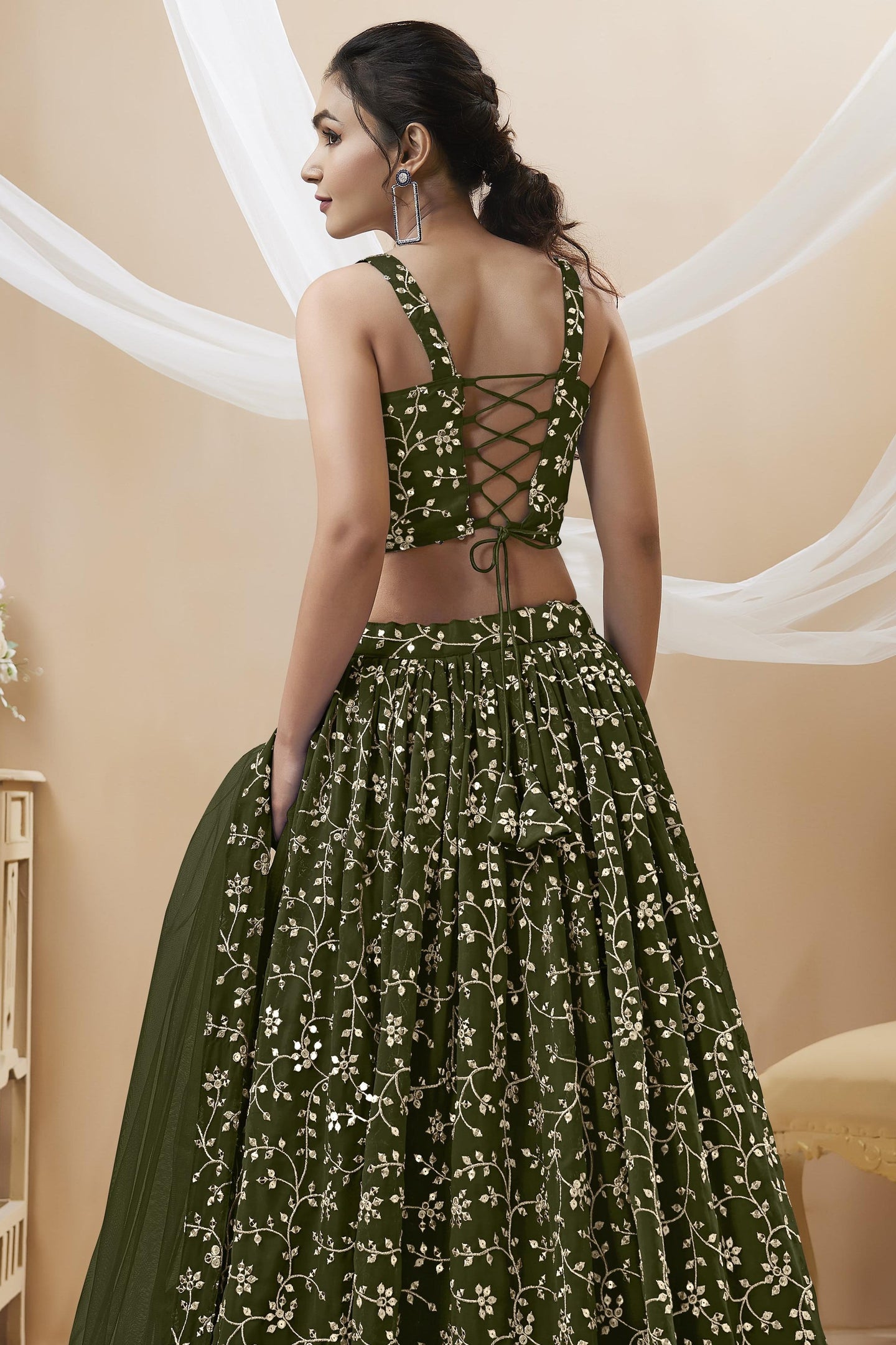 Olive Green Georgette Lehenga Choli For Indian & Pakistani Wedding Festival - Sequins & Thread Embroidery Work, Zari Work