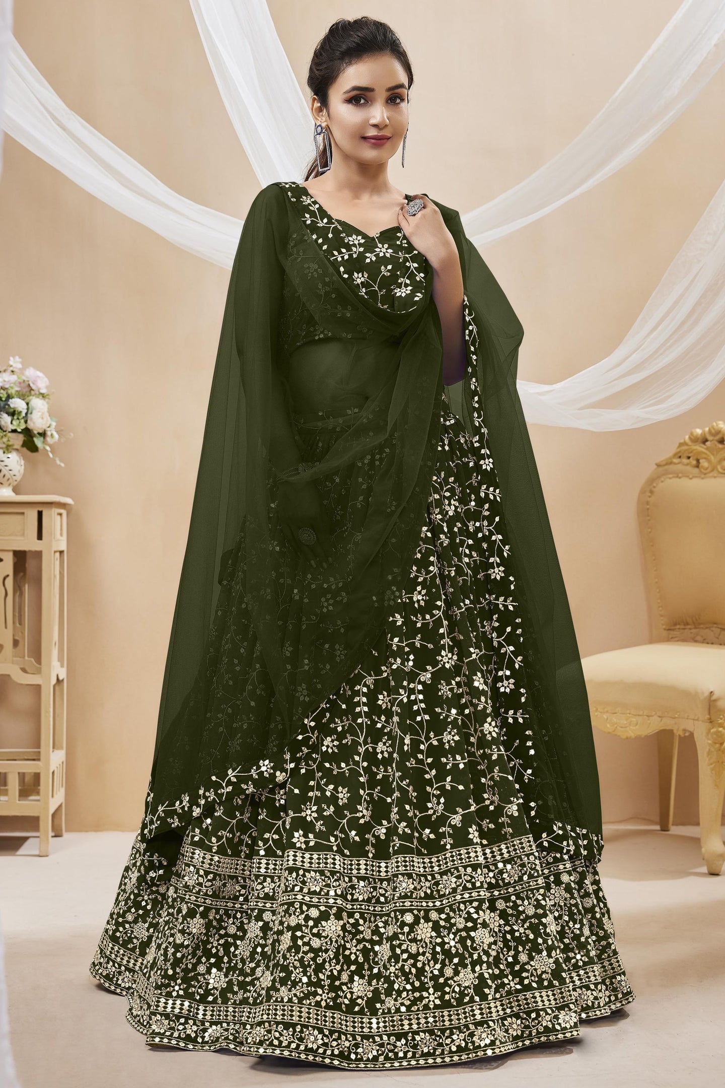 Olive Green Georgette Lehenga Choli For Indian & Pakistani Wedding Festival - Sequins & Thread Embroidery Work, Zari Work