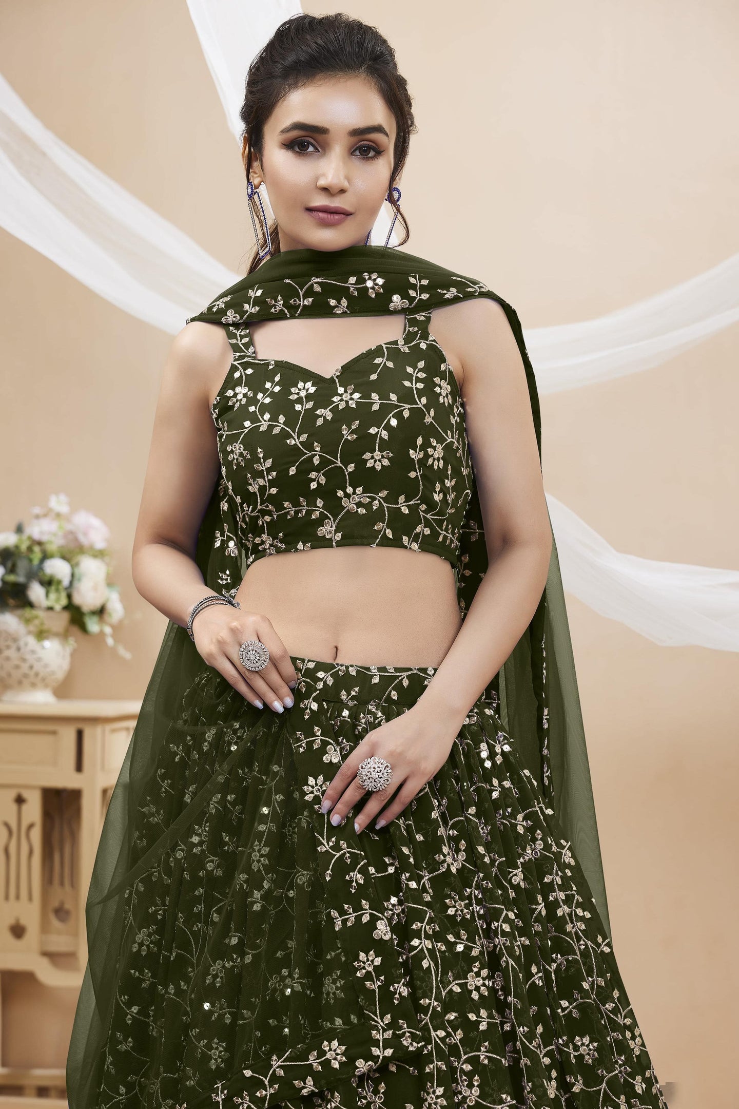 Olive Green Georgette Lehenga Choli For Indian & Pakistani Wedding Festival - Sequins & Thread Embroidery Work, Zari Work