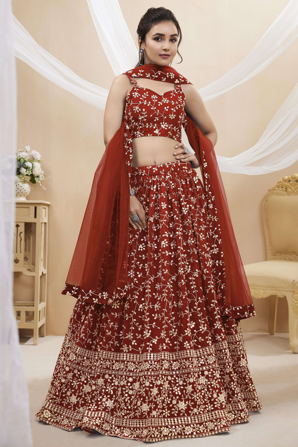 Red Georgette Lehenga Choli For Indian & Pakistani Wedding Festival - Sequins & Thread Embroidery Work, Zari Work