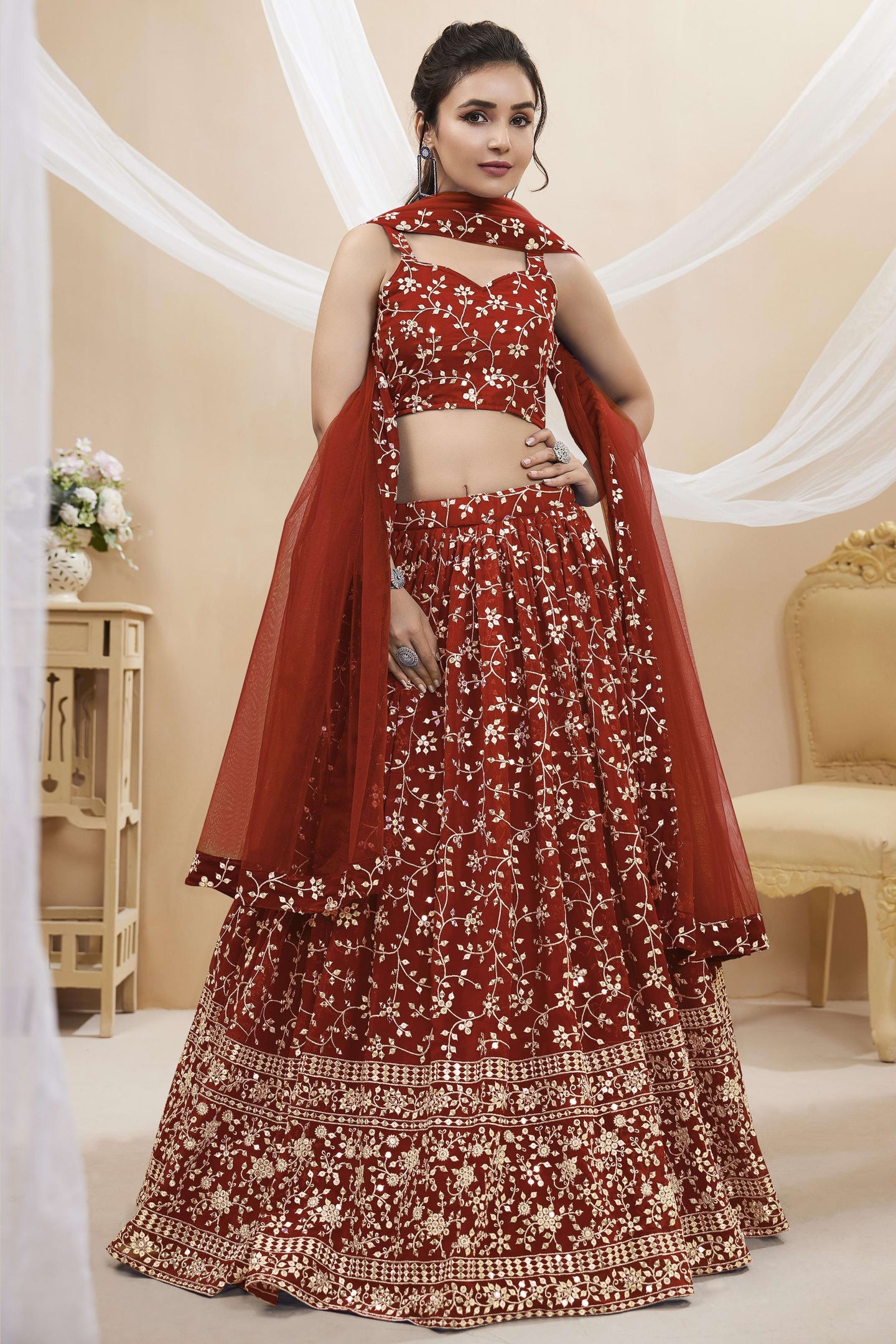 Red Georgette Lehenga Choli For Indian & Pakistani Wedding Festival - Sequins & Thread Embroidery Work, Zari Work