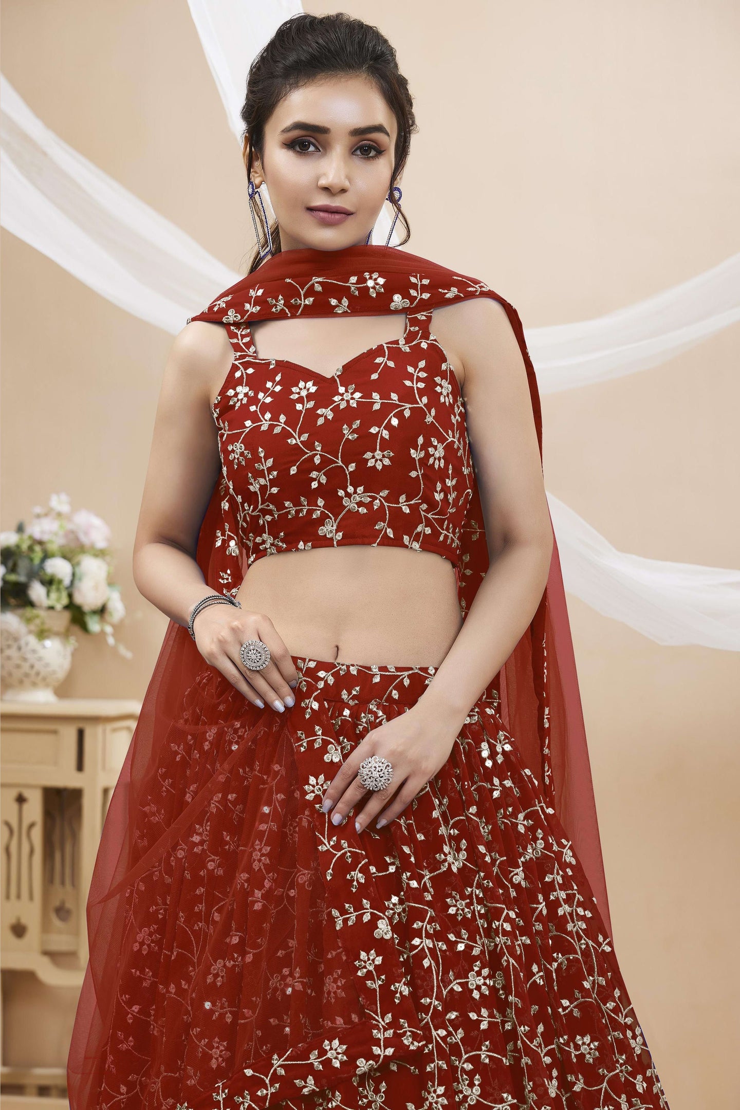 Red Georgette Lehenga Choli For Indian & Pakistani Wedding Festival - Sequins & Thread Embroidery Work, Zari Work