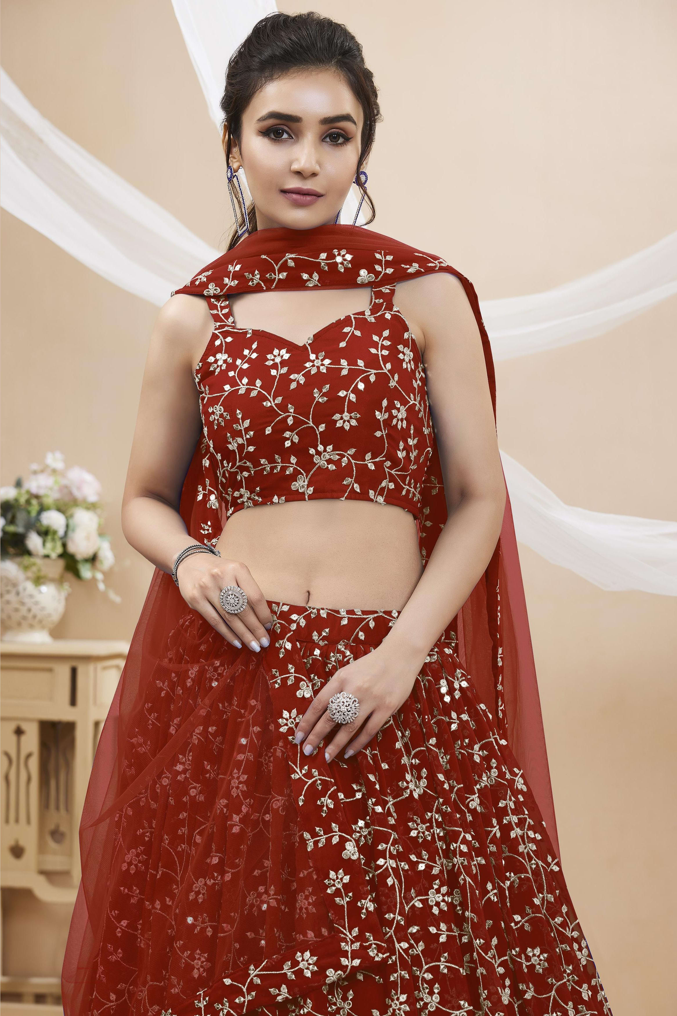 Red Georgette Lehenga Choli For Indian & Pakistani Wedding Festival - Sequins & Thread Embroidery Work, Zari Work