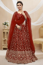 Red Georgette Lehenga Choli For Indian & Pakistani Wedding Festival - Sequins & Thread Embroidery Work, Zari Work