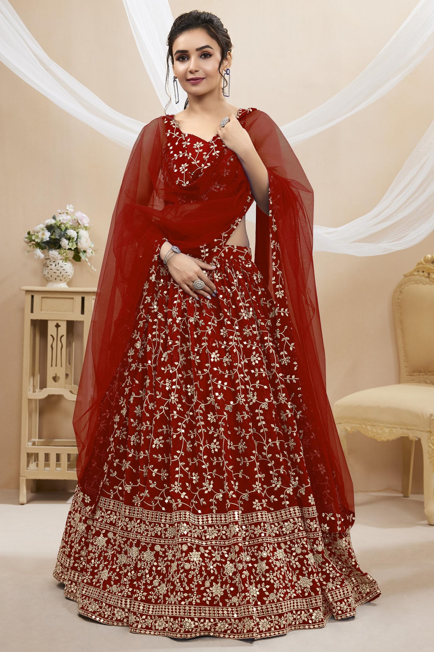Red Georgette Lehenga Choli For Indian & Pakistani Wedding Festival - Sequins & Thread Embroidery Work, Zari Work