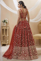Red Georgette Lehenga Choli For Indian & Pakistani Wedding Festival - Sequins & Thread Embroidery Work, Zari Work