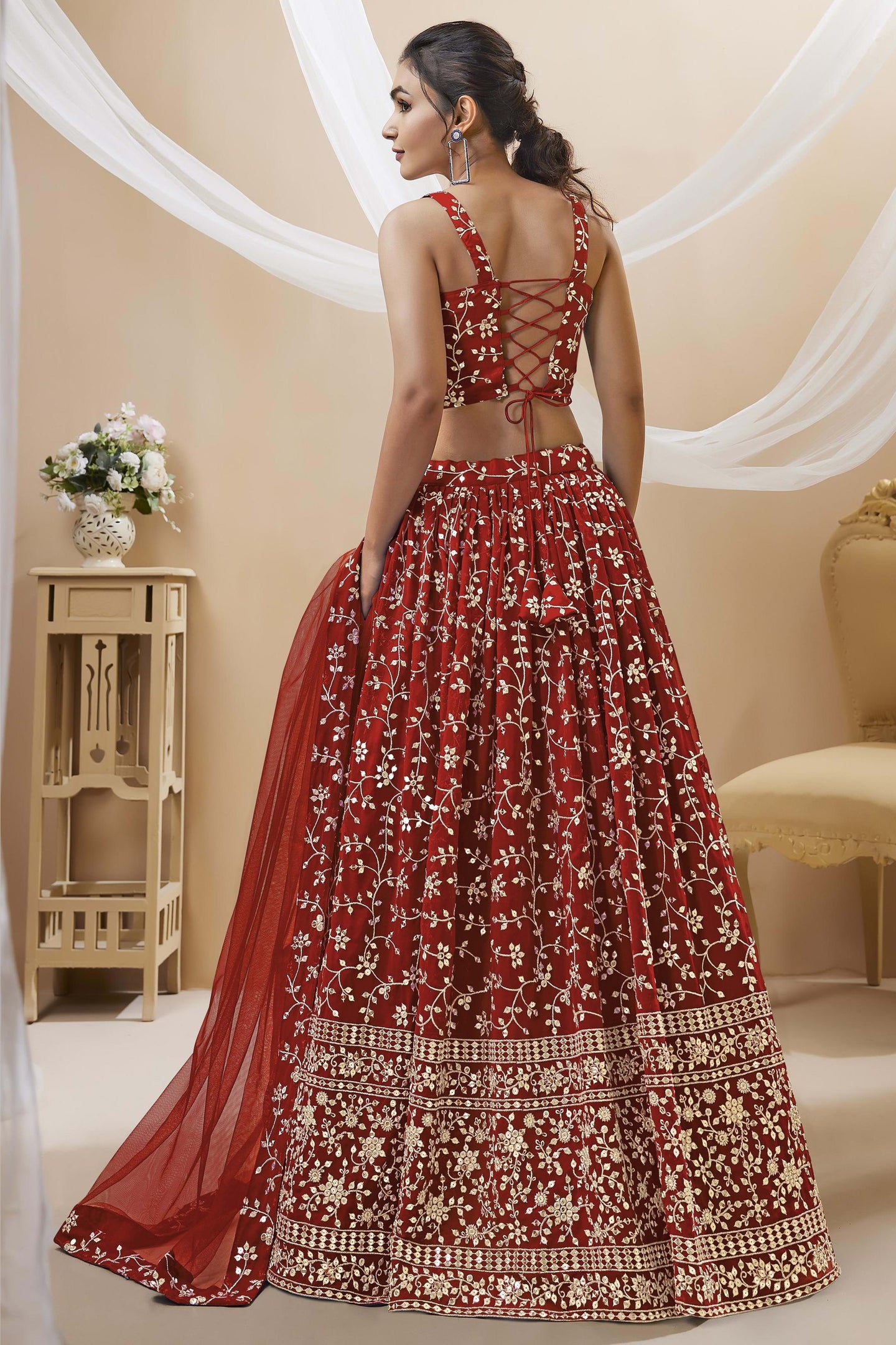 Red Georgette Lehenga Choli For Indian & Pakistani Wedding Festival - Sequins & Thread Embroidery Work, Zari Work