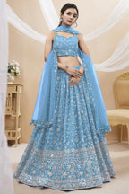Sky Blue Georgette Lehenga Choli For Indian & Pakistani Wedding Festival - Sequins & Thread Embroidery Work, Zari Work