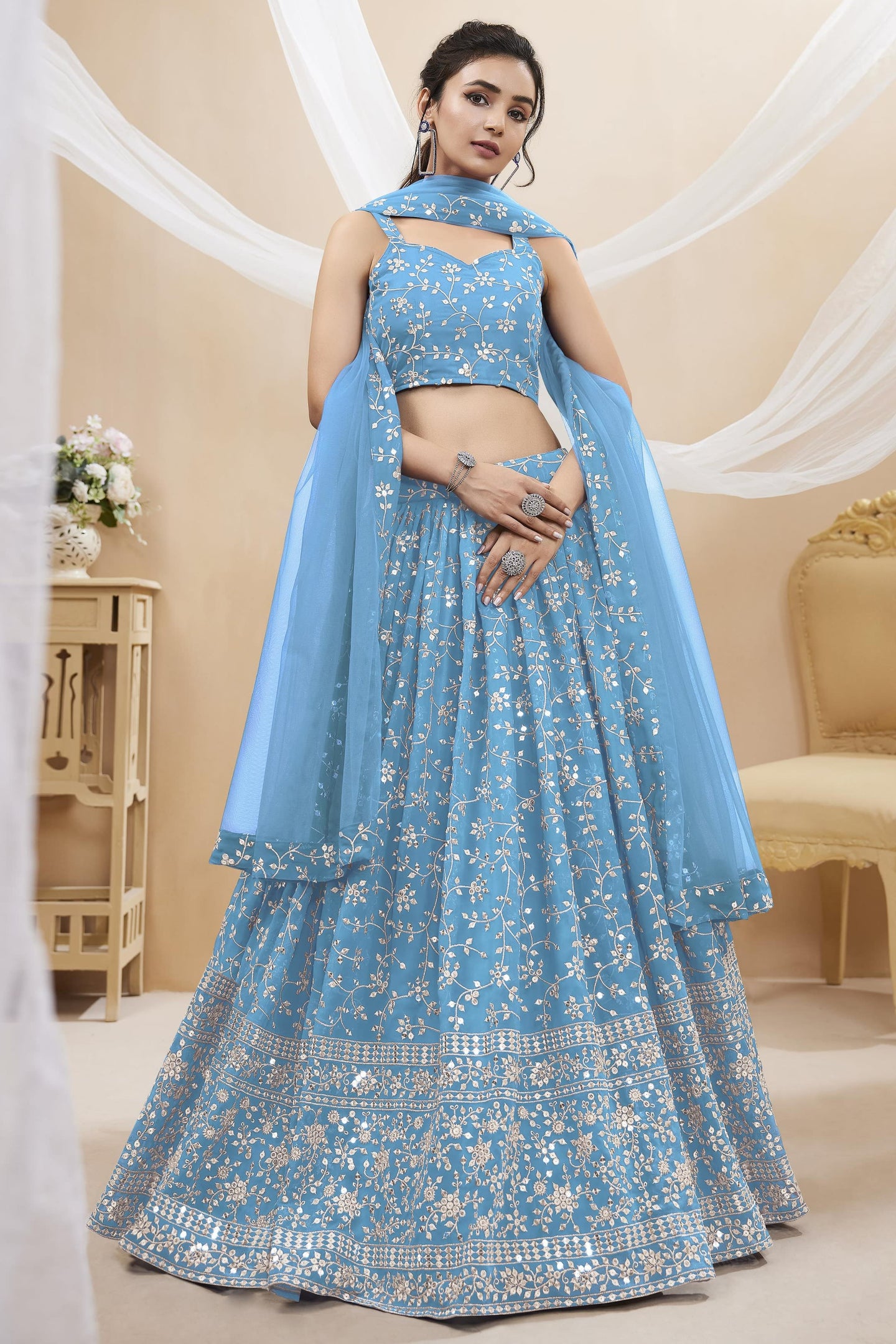 Sky Blue Georgette Lehenga Choli For Indian & Pakistani Wedding Festival - Sequins & Thread Embroidery Work, Zari Work
