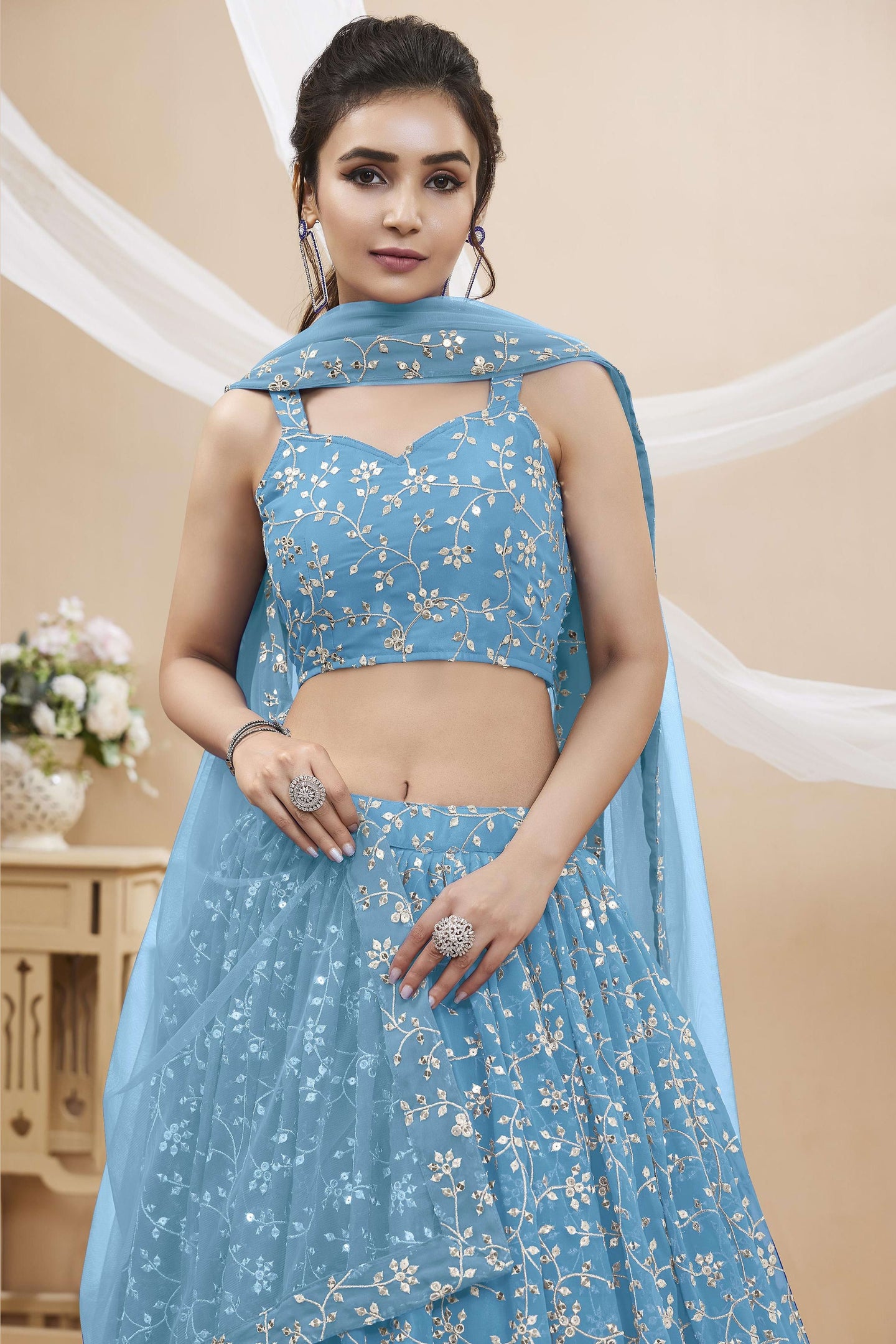 Sky Blue Georgette Lehenga Choli For Indian & Pakistani Wedding Festival - Sequins & Thread Embroidery Work, Zari Work
