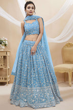 Sky Blue Georgette Lehenga Choli For Indian & Pakistani Wedding Festival - Sequins & Thread Embroidery Work, Zari Work