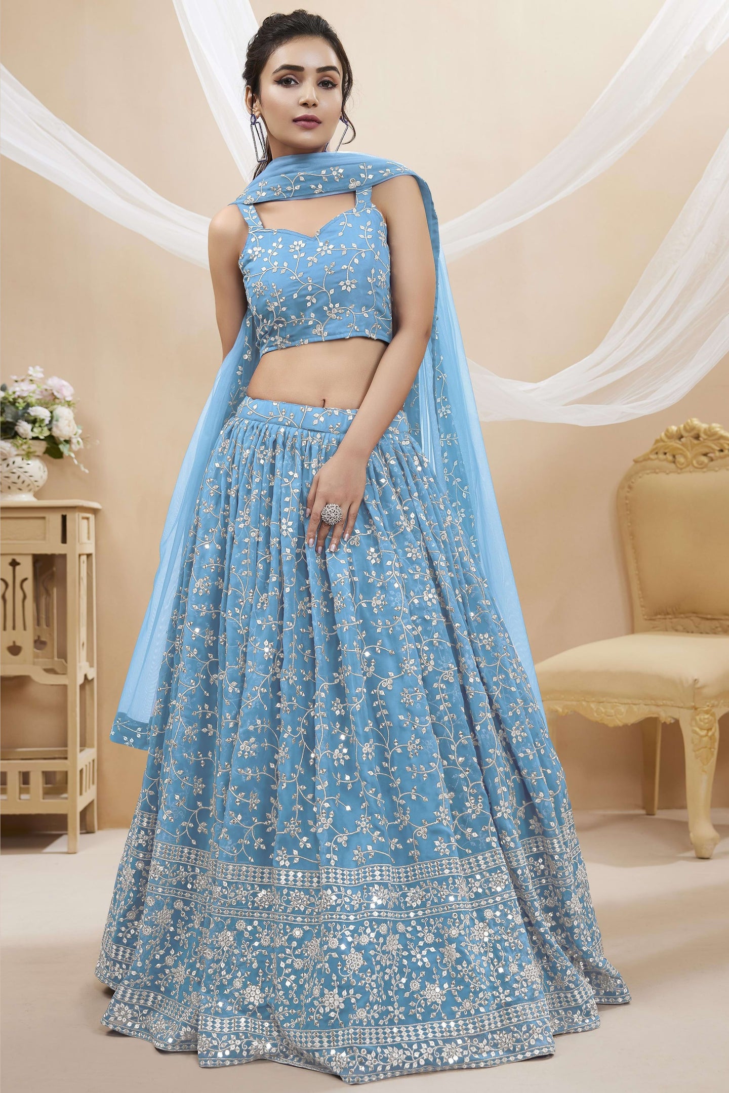 Sky Blue Georgette Lehenga Choli For Indian & Pakistani Wedding Festival - Sequins & Thread Embroidery Work, Zari Work