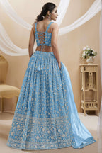 Sky Blue Georgette Lehenga Choli For Indian & Pakistani Wedding Festival - Sequins & Thread Embroidery Work, Zari Work