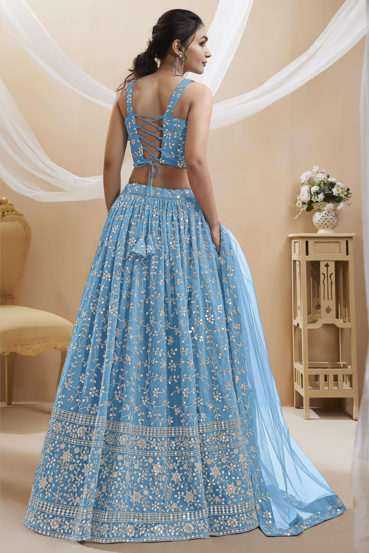 Sky Blue Georgette Lehenga Choli For Indian & Pakistani Wedding Festival - Sequins & Thread Embroidery Work, Zari Work